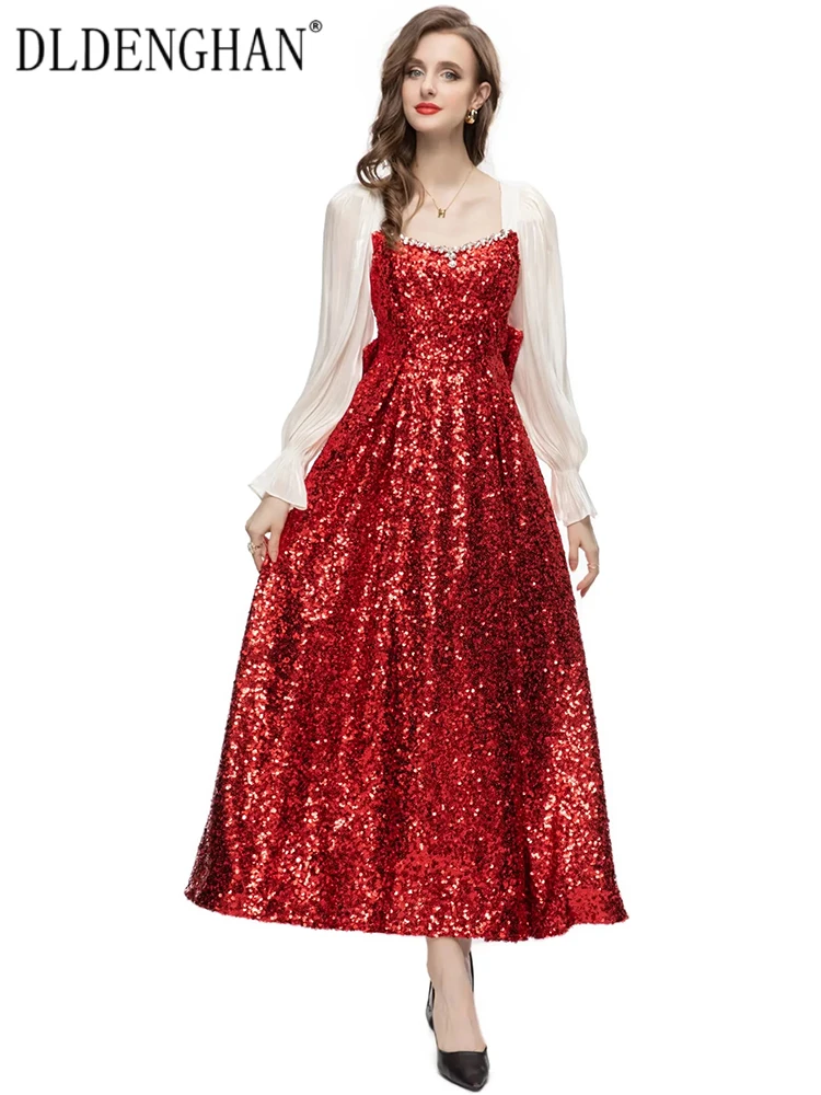DLDENGHAN Fashion Designer Autumn Long Dress Women Crystal Square Collar Flare Sleeve Sequin Vintage Party Bow Backless Dresses
DLDENGHAN Fashion Designer Autumn Long Dress Women Crystal Square Collar Flare Sleeve Sequin Vintage Party Bow Backless Dresses