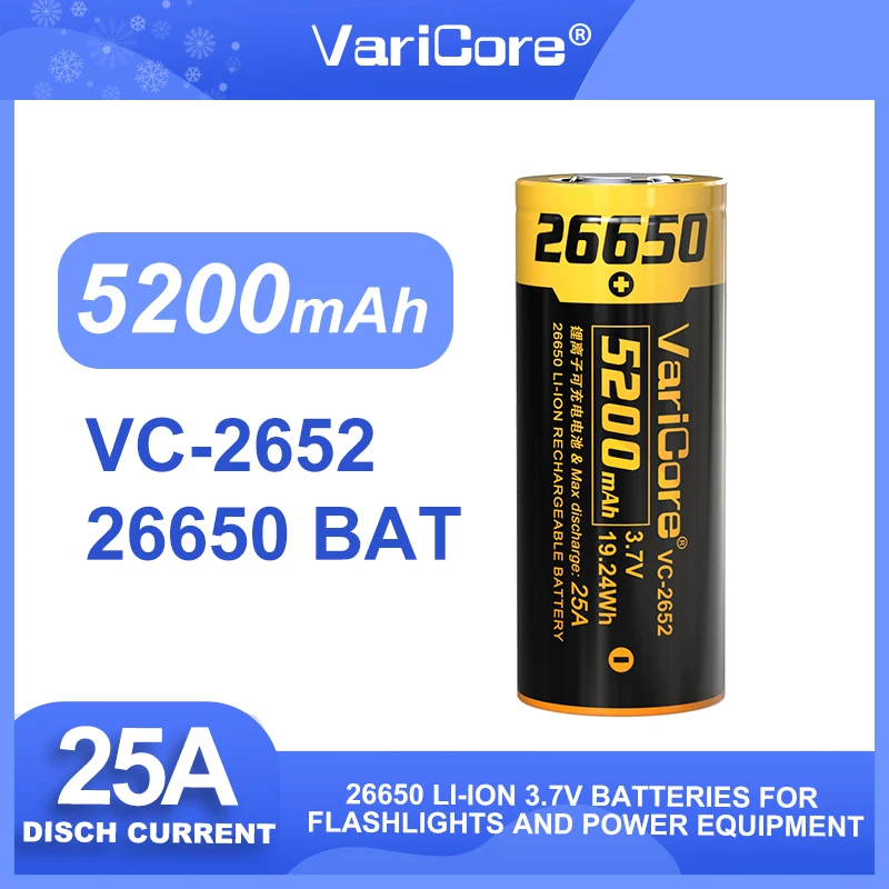 VariCore VC-2652 5200mAh 26650 3.7V Li-ion Battery High Capacity 25A Discharge for Vape Flashlight Solar Light
VariCore VC-2652 5200mAh 26650 3.7V Li-ion Battery High Capacity 25A Discharge for Vape Flashlight Solar Light