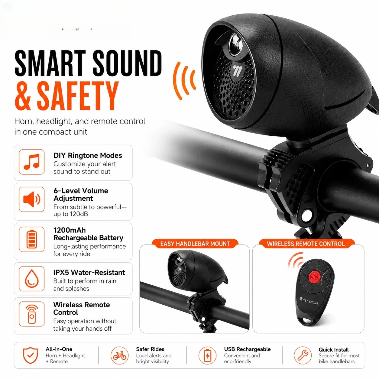WEST BIKING DIY Voice Electric Bike Horn with Anti-Theft Alarm, IP65 Waterproof & LED Light
WEST BIKING DIY Voice Electric Bike Horn with Anti-Theft Alarm, IP65 Waterproof & LED Light