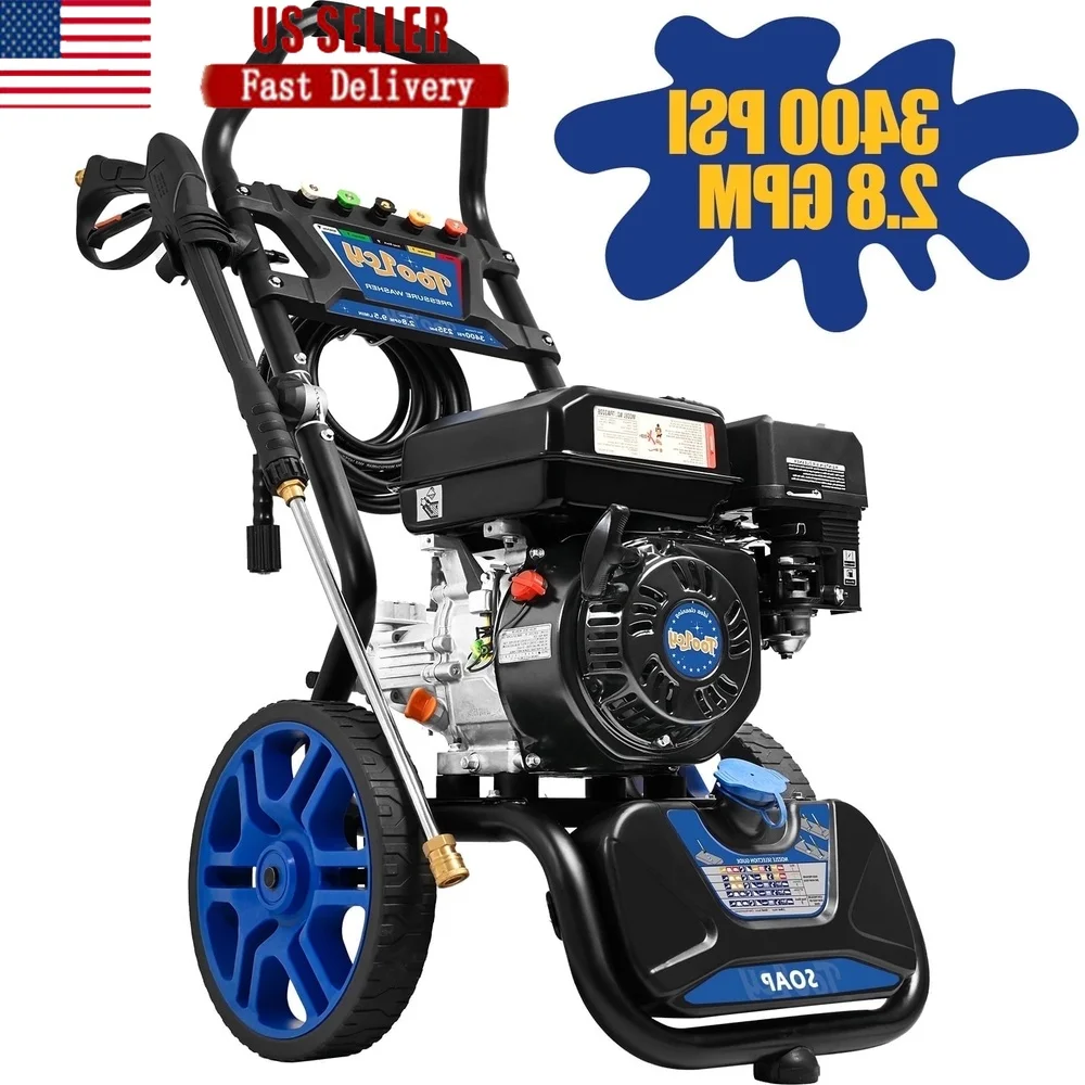 3400 PSI Gas Pressure Washer 2.8 GPM with Hose Gun Wand Soap Tank 5 Nozzles 12 Inch Wheels Foldable Design
3400 PSI Gas Pressure Washer 2.8 GPM with Hose Gun Wand Soap Tank 5 Nozzles 12 Inch Wheels Foldable Design