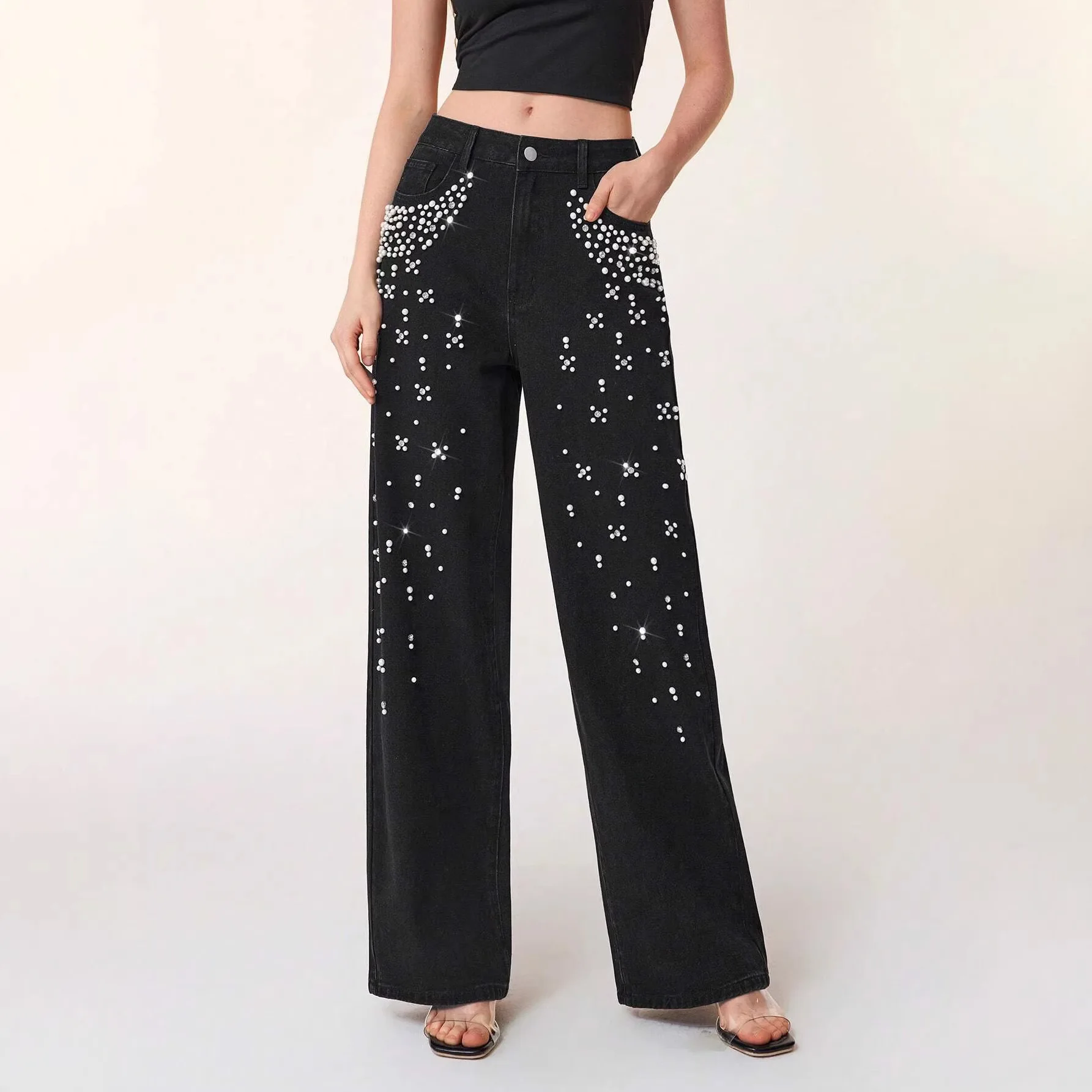 Slimming Effect Loose Fit Straight Leg Jeans for Women Beaded Long Trousers High Waist Zipper Style Casual Urban Elegant
Slimming Effect Loose Fit Straight Leg Jeans for Women Beaded Long Trousers High Waist Zipper Style Casual Urban Elegant