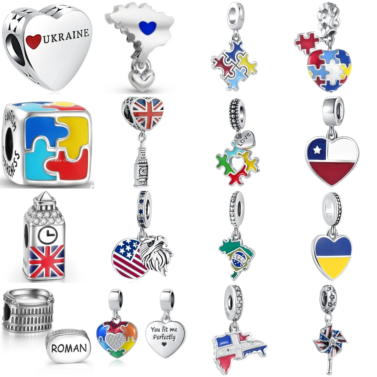 925 Sterling Silver Fashion Charms World Travel Flag Map Autism Puzzle Roman Colosseum Women DIY Jewelry Pendant Gift
925 Sterling Silver Fashion Charms World Travel Flag Map Autism Puzzle Roman Colosseum Women DIY Jewelry Pendant Gift