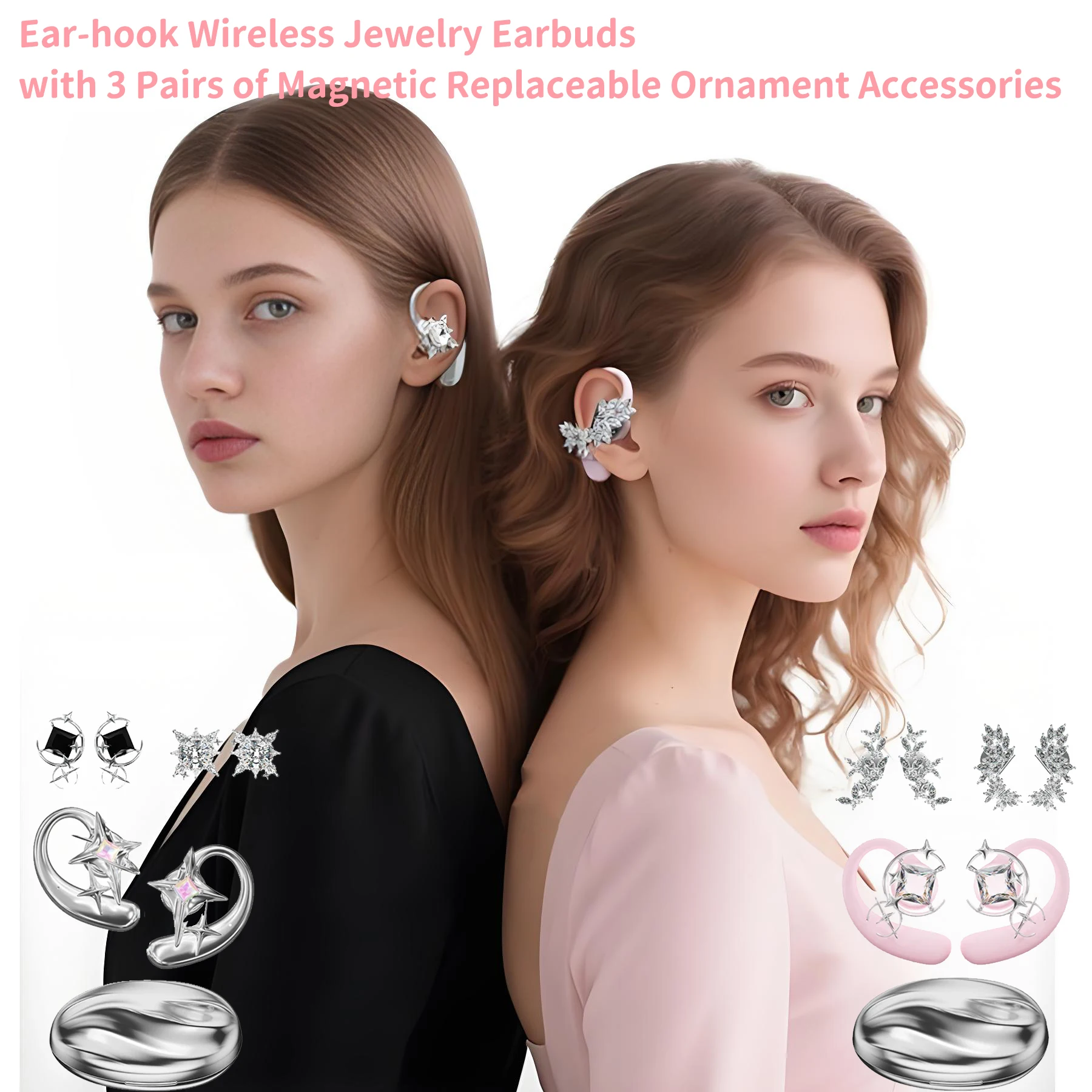 Ear-hook Wireless Jewelry Earphones with 3 Pairs of Magnetic Replaceable Ornament Accessories Earrings Earbud Suit for Girl Gift
Ear-hook Wireless Jewelry Earphones with 3 Pairs of Magnetic Replaceable Ornament Accessories Earrings Earbud Suit for Girl Gift