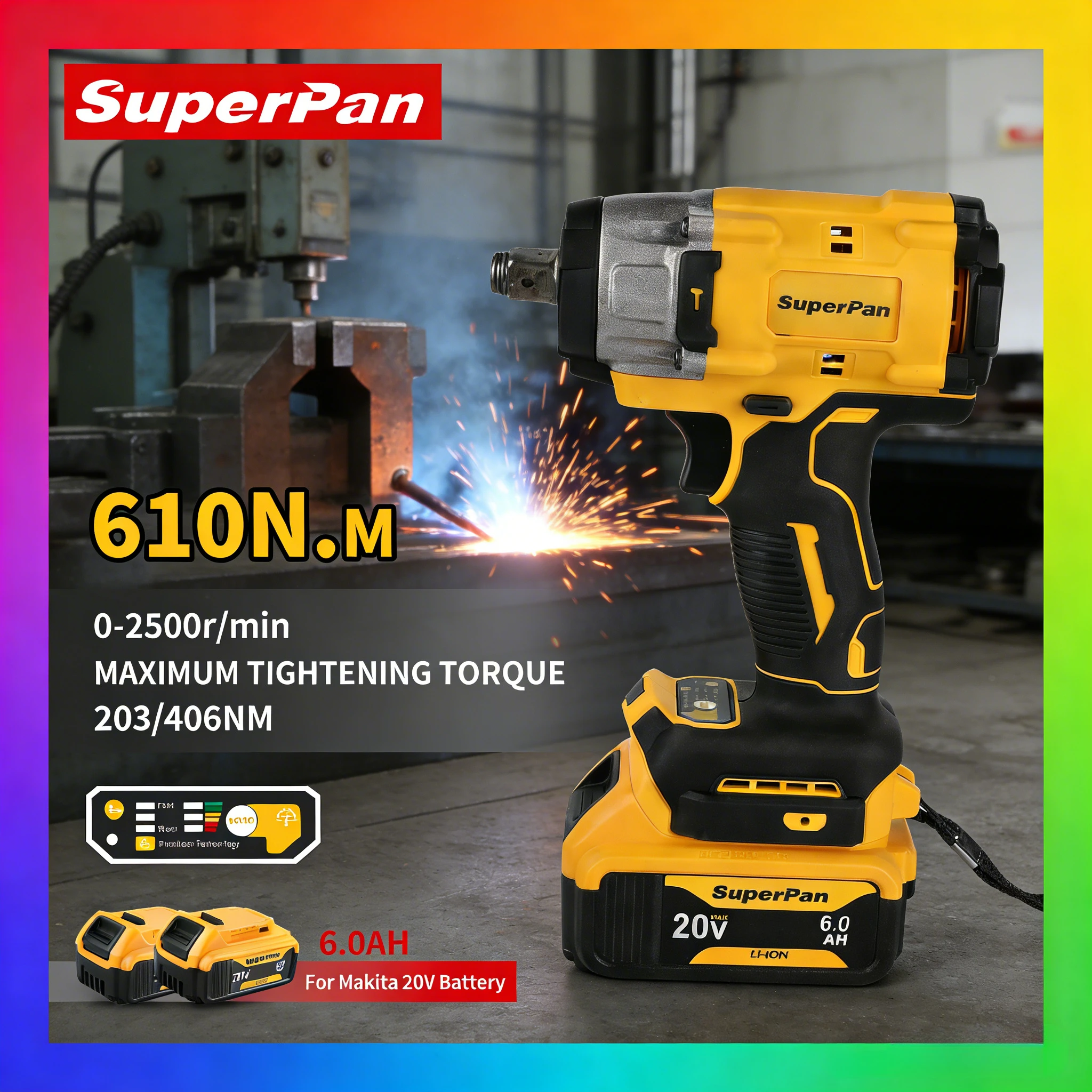 Ударный гайковерт SuperPan SP922 для тяжелых условий эксплуатации, электрический, для ремонта шин, промышленный инструмент для аккумулятора DeWalt 20V.
Ударный гайковерт SuperPan SP922 для тяжелых условий эксплуатации, электрический, для ремонта шин, промышленный инструмент для аккумулятора DeWalt 20V.