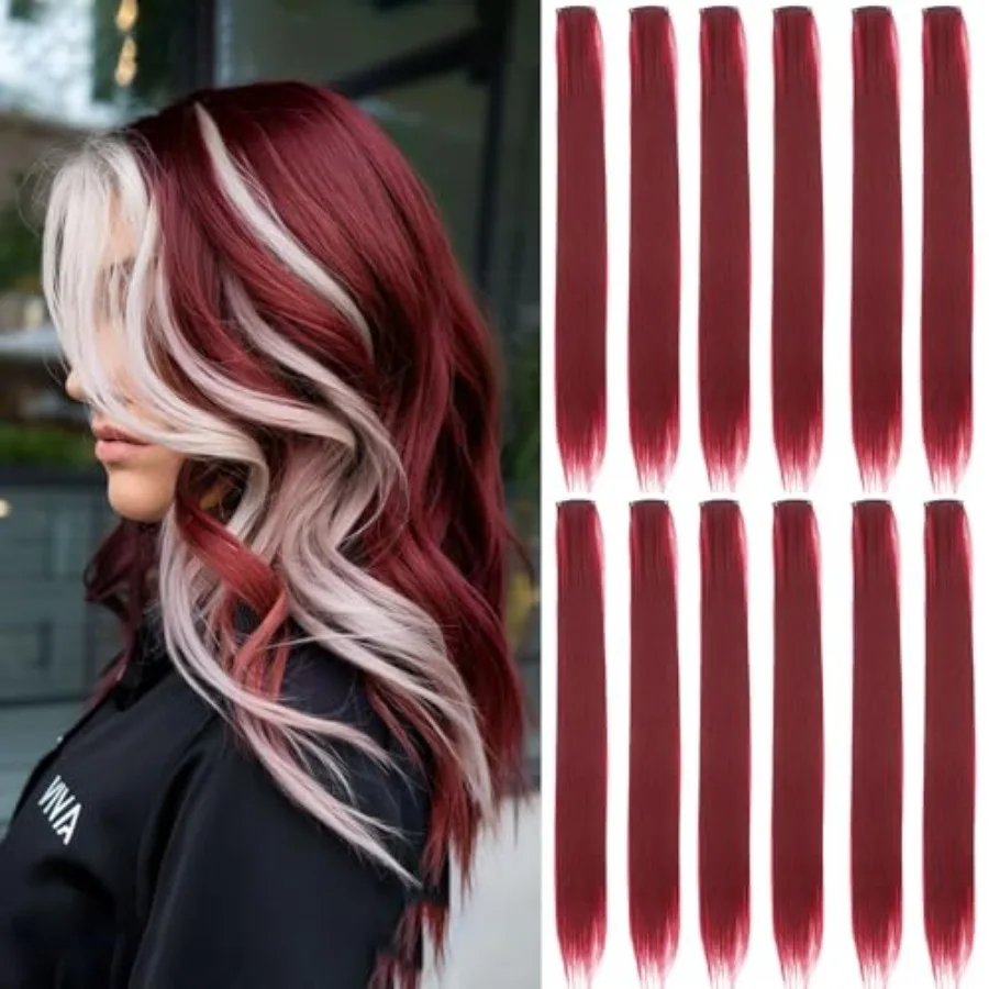 12 Pcs Burgundy Clip-in Hair Extensions for Highlight Party Use, Synthetic Fiber, Burgundy Color, Easy Application and Reusable
12 Pcs Burgundy Clip-in Hair Extensions for Highlight Party Use, Synthetic Fiber, Burgundy Color, Easy Application and Reusable