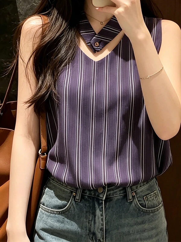 Elegant Vertical Striped V-Neck Sleeveless Shirt Korean Style Loose Flower Bud Vest Short Top for Women Summer Fashion
Elegant Vertical Striped V-Neck Sleeveless Shirt Korean Style Loose Flower Bud Vest Short Top for Women Summer Fashion