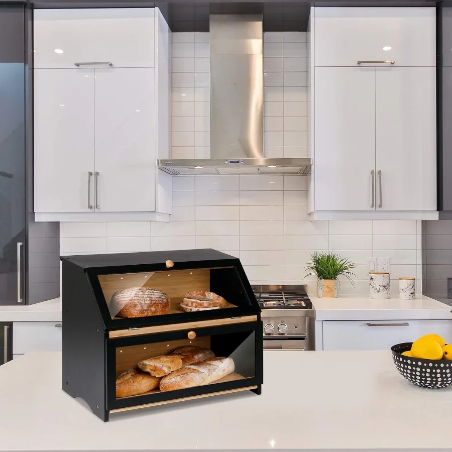 Double Layer Large Bread Box for Kitchen Counter, Wooden Large Capacity Bread Storage Bin (Black)
Double Layer Large Bread Box for Kitchen Counter, Wooden Large Capacity Bread Storage Bin (Black)