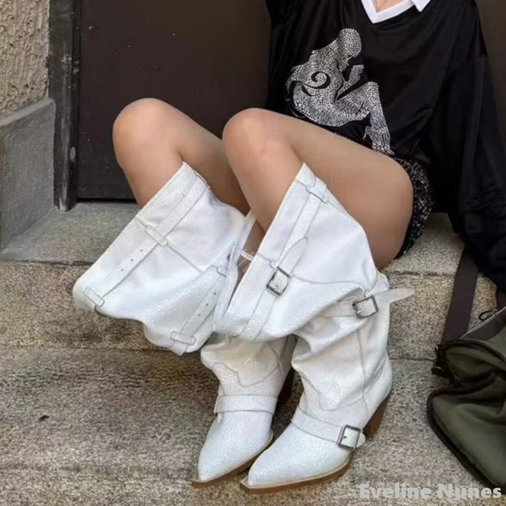 2025 New White Pleated Western Cowboy Boots Women Pointed Toe Chunky Heel Belt Buckle Slip On Long Boots New Retro Leather Boots
2025 New White Pleated Western Cowboy Boots Women Pointed Toe Chunky Heel Belt Buckle Slip On Long Boots New Retro Leather Boots