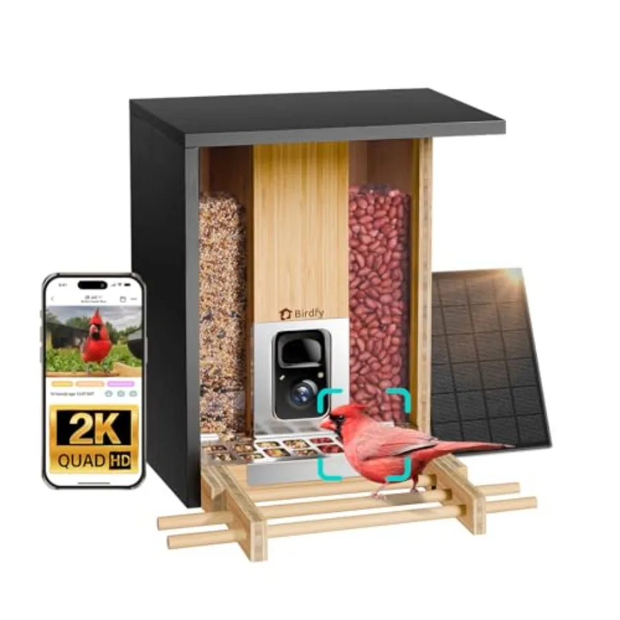Smart Bird Feeder with Camera for Wild Birds Watching, Bamboo Wood Metal, Black, Solar Powered 2K Live Stream, AI Bird Identifi
Smart Bird Feeder with Camera for Wild Birds Watching, Bamboo Wood Metal, Black, Solar Powered 2K Live Stream, AI Bird Identifi