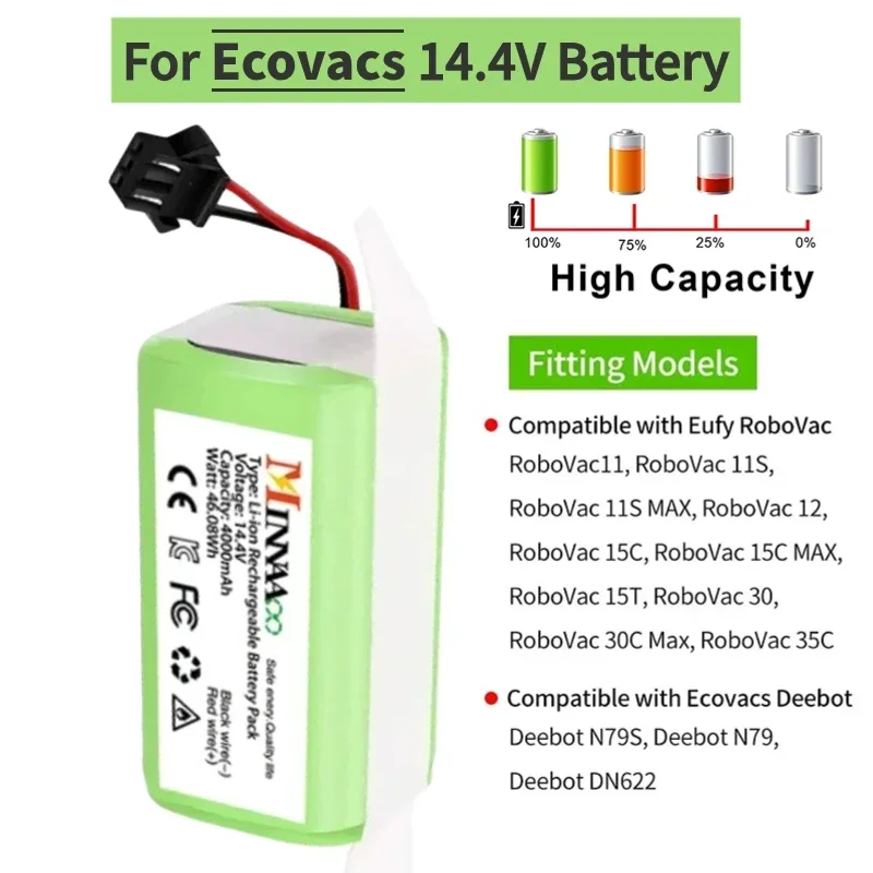 14.4V 2600mAh Li-ion Battery for Conga Excellence 950 990 1090 1790 1990 Deebot N79S N79 DN622 Eufy Robovac 11S 12 X500
14.4V 2600mAh Li-ion Battery for Conga Excellence 950 990 1090 1790 1990 Deebot N79S N79 DN622 Eufy Robovac 11S 12 X500