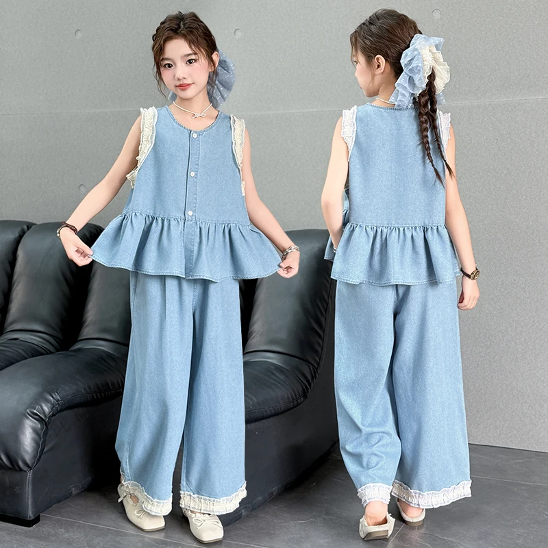 2025 Summer Kids Denim Vintage y2k Two-piece Set for Girls Sleeveless Blouse + Pants 2PCS Clothing Set High Quality Child Outfit
2025 Summer Kids Denim Vintage y2k Two-piece Set for Girls Sleeveless Blouse + Pants 2PCS Clothing Set High Quality Child Outfit
