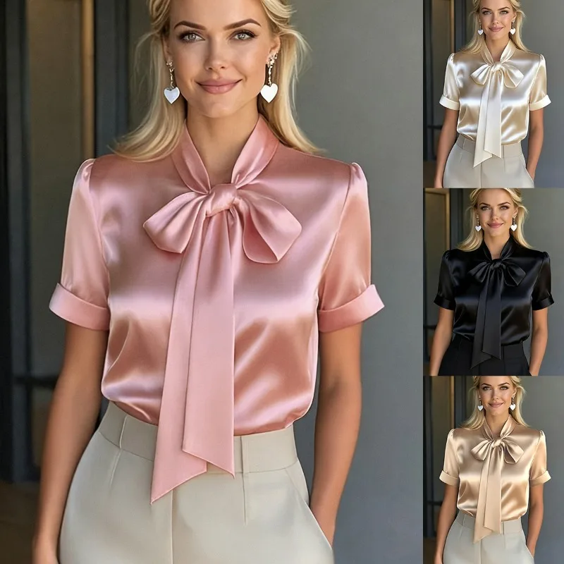 2026 Fashion Satin Bow Short Sleeve Shirt Women's Summer Blouse Solid Color Casual Tops Elegant Lady Streetwear Pullover Shirts
2026 Fashion Satin Bow Short Sleeve Shirt Women's Summer Blouse Solid Color Casual Tops Elegant Lady Streetwear Pullover Shirts