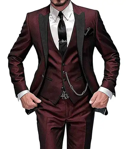 Made Men's Suit 3 Pieces Burgundy Tuxedos Gentleman Wedding Suits Notch Lapel Groom Terno (Jacket +Vest +Pants )