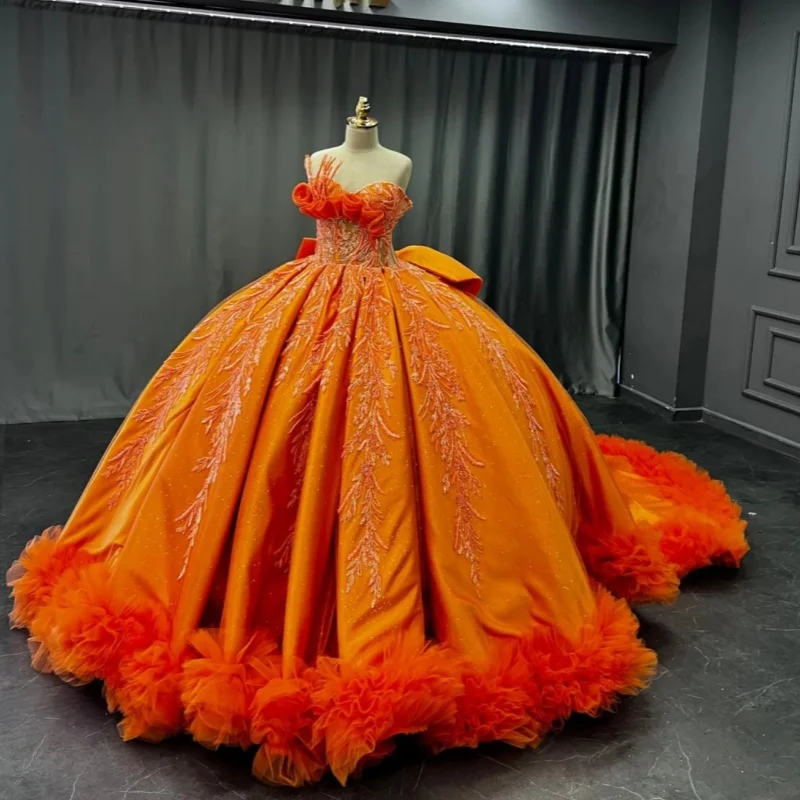 Customized Shiny orange Quinceanera Dresses Off the Shoulder sequin applique layering Lace ruffle Long tail Bow Vestido 15 Quin
Customized Shiny orange Quinceanera Dresses Off the Shoulder sequin applique layering Lace ruffle Long tail Bow Vestido 15 Quin