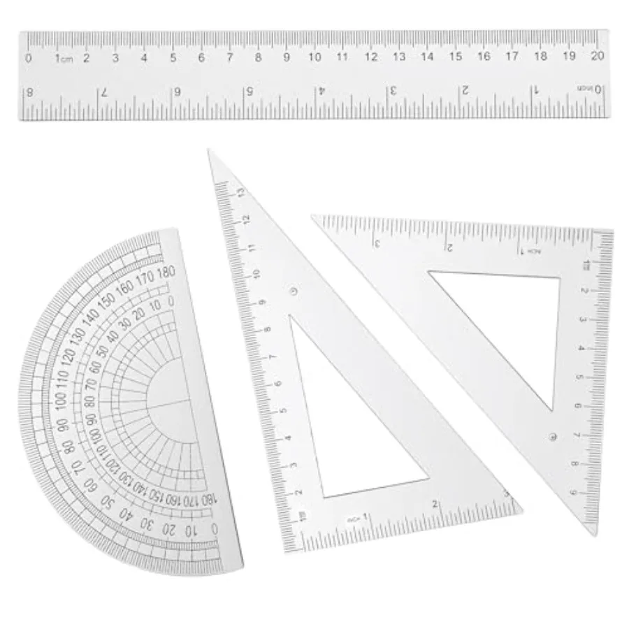 4 Pcs Transparent Plastic Ruler Kit, Math Geometry Set with 8 Inch Straight Rulers, Triangular Ruler, Protractor, Clear Measuri
4 Pcs Transparent Plastic Ruler Kit, Math Geometry Set with 8 Inch Straight Rulers, Triangular Ruler, Protractor, Clear Measuri
