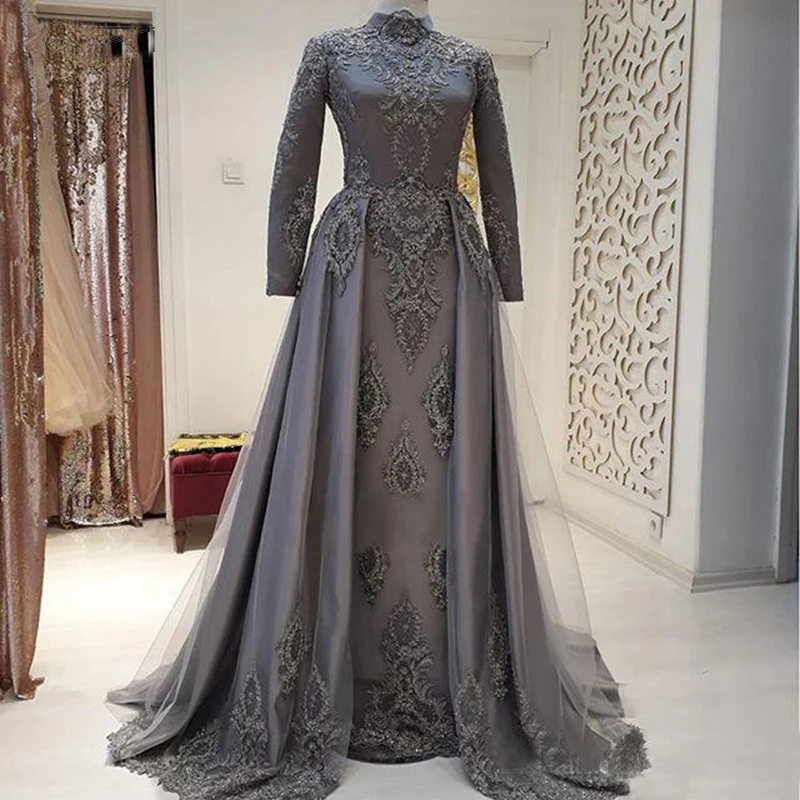 High Neck Islamic Dubai Arabic Formal Dress Dark Gray Lace Muslim Evening Dress 2023 A-Line Long Sleeves Party Prom Gowns
High Neck Islamic Dubai Arabic Formal Dress Dark Gray Lace Muslim Evening Dress 2023 A-Line Long Sleeves Party Prom Gowns