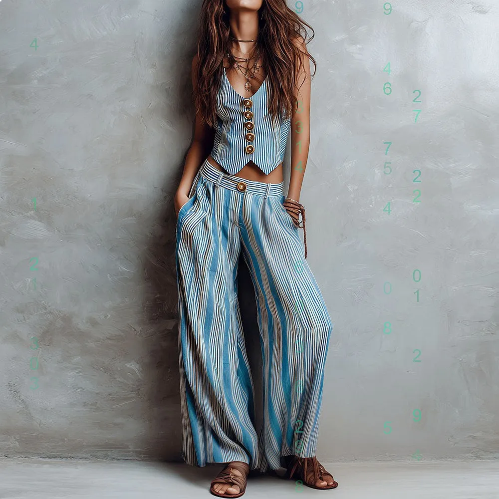 2026 Fashion New Blue Striped Vest Top Wide Leg Long Pants Matching Set Jumpsuit
2026 Fashion New Blue Striped Vest Top Wide Leg Long Pants Matching Set Jumpsuit