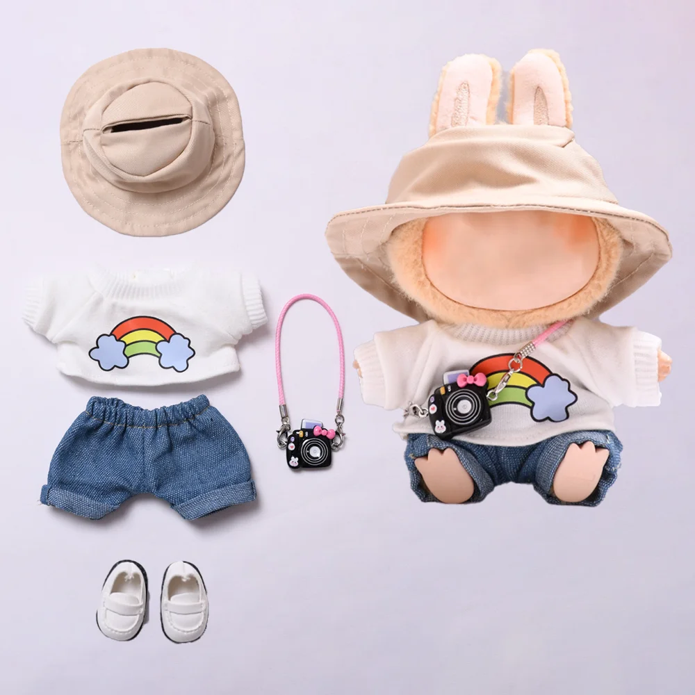 Plush Doll Clothing 17cm For Labubu Clothes Designer Rainbow White T Jeans Doll Clothes Set With Hat Glasses Accessories
Plush Doll Clothing 17cm For Labubu Clothes Designer Rainbow White T Jeans Doll Clothes Set With Hat Glasses Accessories