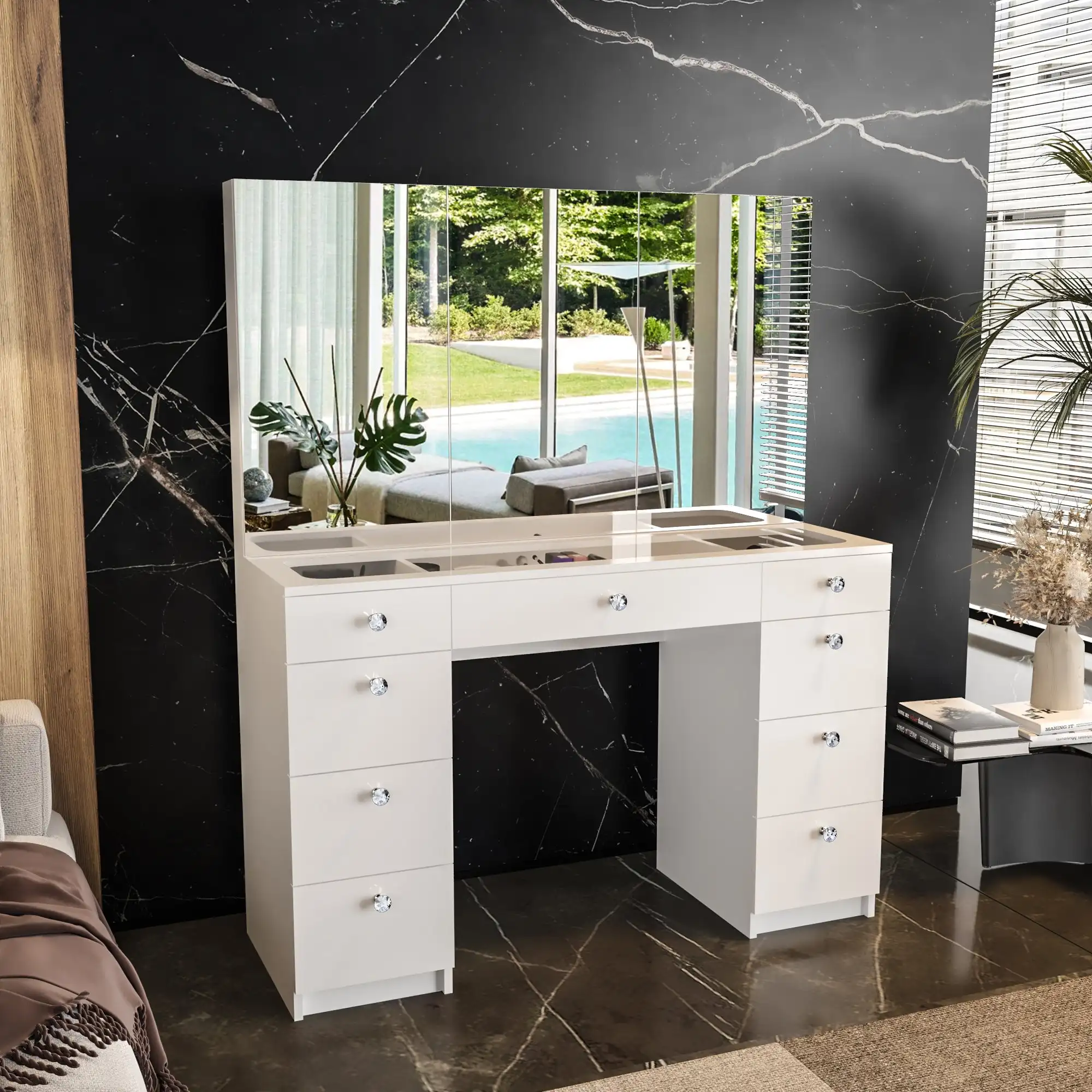 Chantal Pro Modern Vanity Table, 9 Drawers Crystal Knobs White Painted for Bedroom mple design makeup table
Chantal Pro Modern Vanity Table, 9 Drawers Crystal Knobs White Painted for Bedroom mple design makeup table