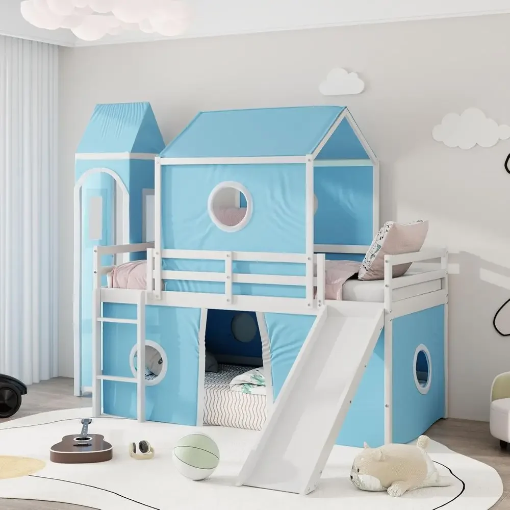 Twin Size Low Loft Bed with Slide, Curtains, and Tower, Solid Wood Bunk Bed with Tent, Twin Over Twin, Kids' Blue Bedroom Furnit
Twin Size Low Loft Bed with Slide, Curtains, and Tower, Solid Wood Bunk Bed with Tent, Twin Over Twin, Kids' Blue Bedroom Furnit