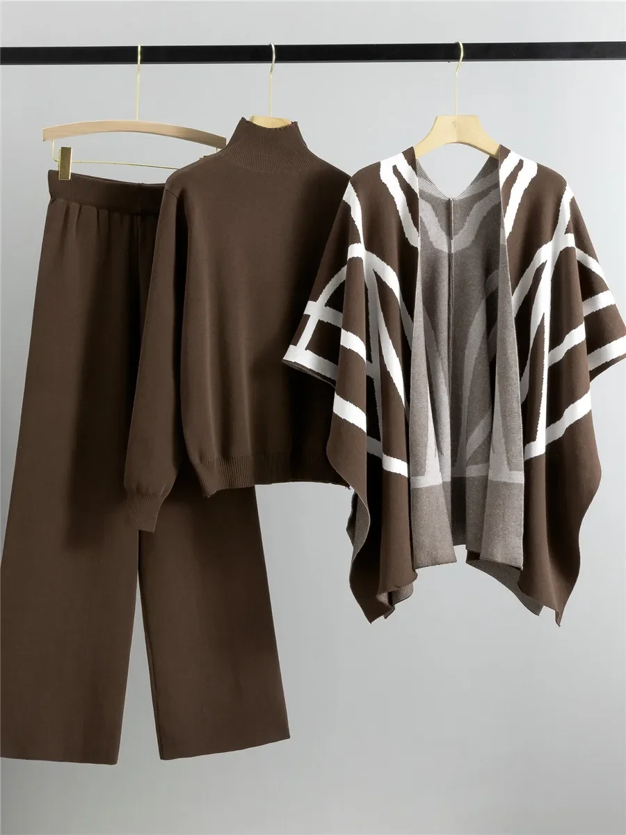 Women Knit 3 Pieces Sets Casual Knitted Turtleneck Sweater Tops Striped Shawl Conjuntos Korean High Waist Wide Leg Pants Outfit
Women Knit 3 Pieces Sets Casual Knitted Turtleneck Sweater Tops Striped Shawl Conjuntos Korean High Waist Wide Leg Pants Outfit