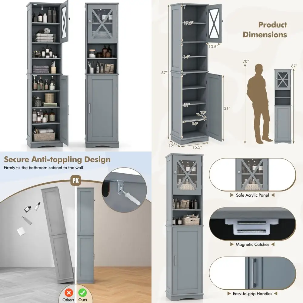 Шкаф для хранения вещей в ванной комнате высотой 67 дюймов с акриловой дверью и регулируемыми полками.
Шкаф для хранения вещей в ванной комнате высотой 67 дюймов с акриловой дверью и регулируемыми полками.