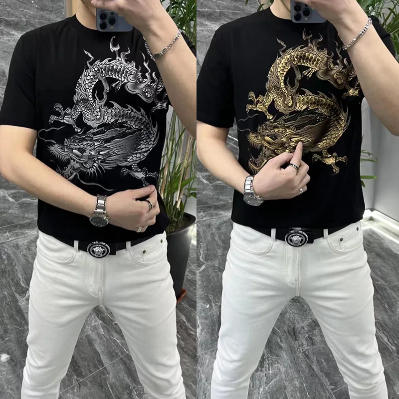 Rhinestone Dragon Print T Shirt Man Short Sleeve Chinese Style Summer Quality Silky Cotton Elastic Skin-Friendly Camisetas L-6XL
Rhinestone Dragon Print T Shirt Man Short Sleeve Chinese Style Summer Quality Silky Cotton Elastic Skin-Friendly Camisetas L-6XL