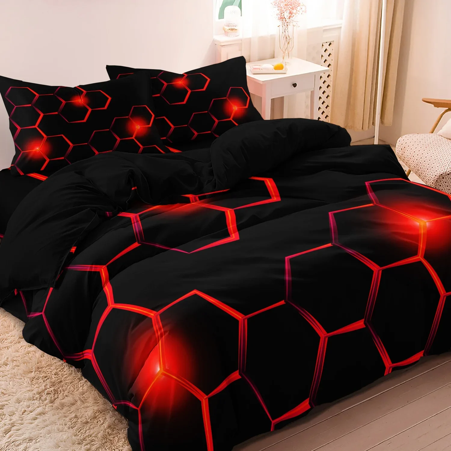 3 pieces Geometric Bedding Set 3D Hexagonal Honeycomb Pattern Duvet Cover Set, Digital Print Polyester Fabric Design Pattern
3 pieces Geometric Bedding Set 3D Hexagonal Honeycomb Pattern Duvet Cover Set, Digital Print Polyester Fabric Design Pattern