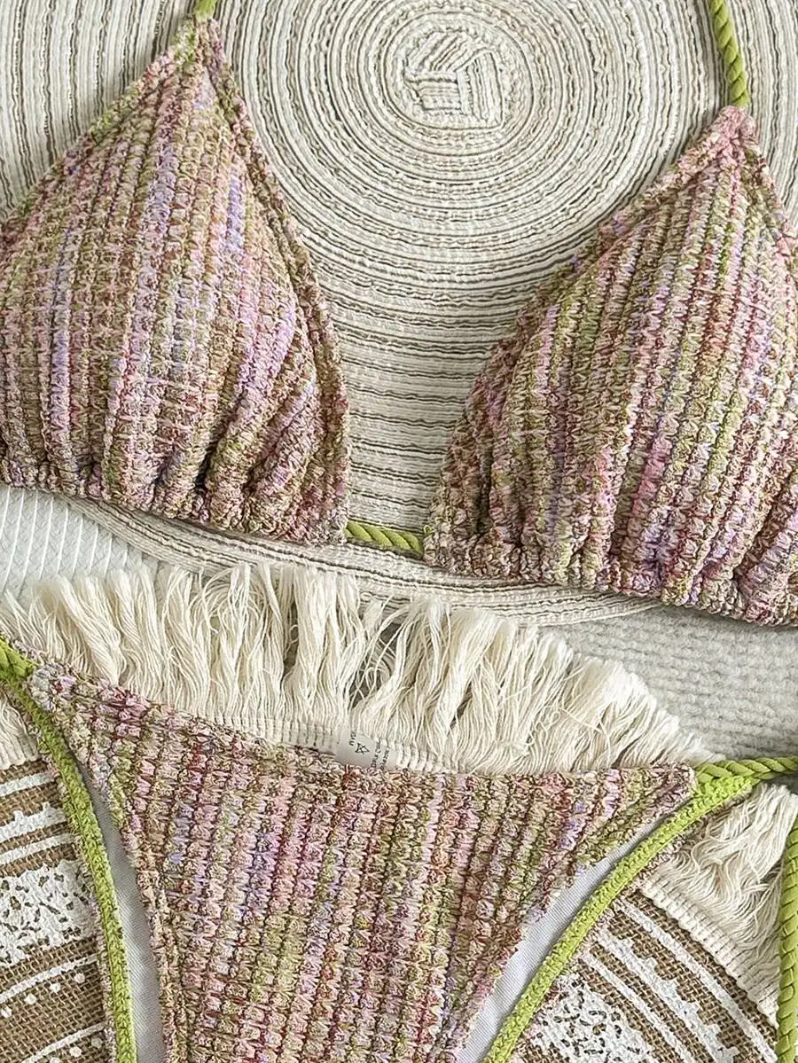 Boho Crochet Knit Two Piece Bikini Set With Fringe Trim Women Swimwear
Boho Crochet Knit Two Piece Bikini Set With Fringe Trim Women Swimwear