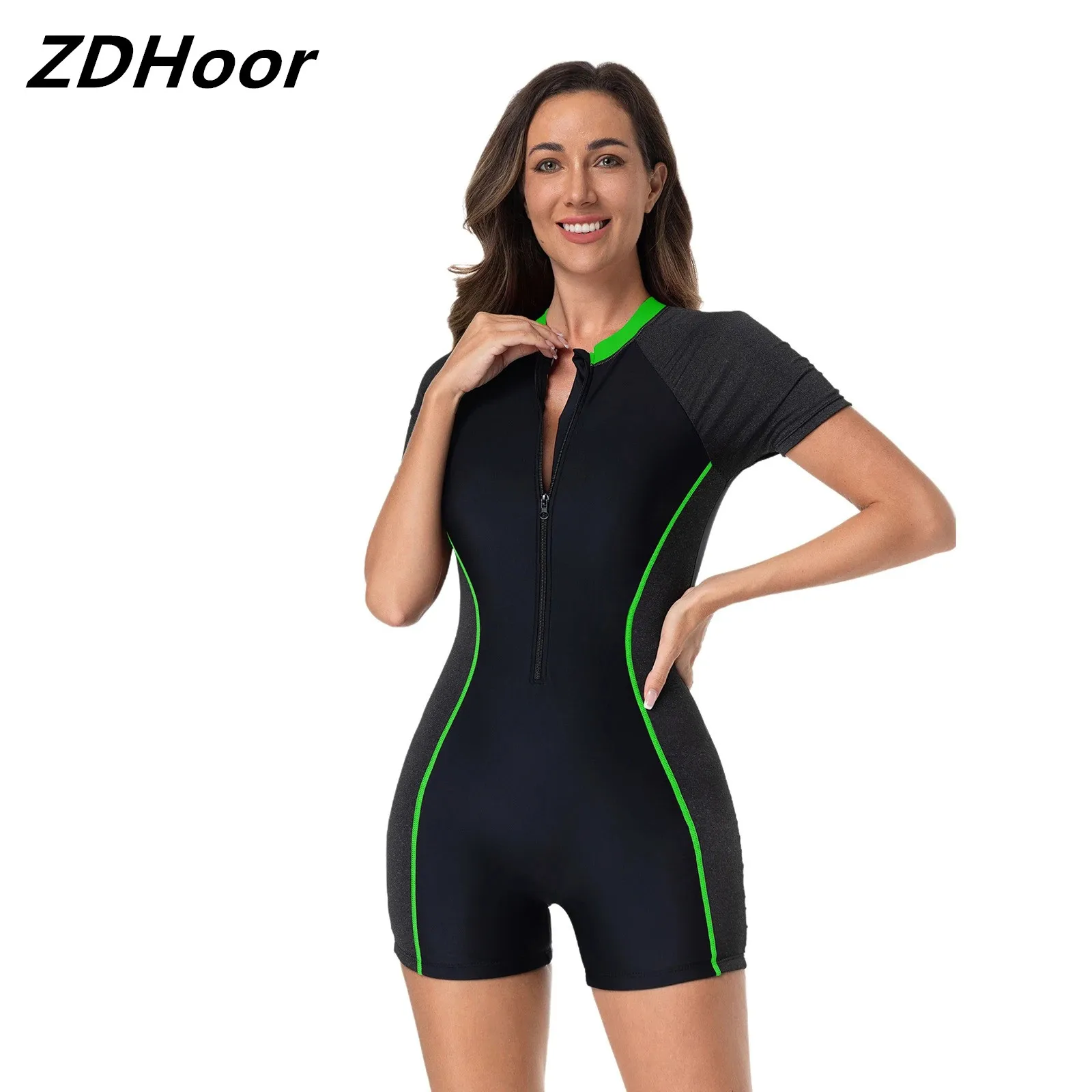 Women One Piece Zipper Swimsuit Short Sleeves Chest Pads Swimwear Color Contrast Modest Rash Guard Surfing Bathing Suit
Women One Piece Zipper Swimsuit Short Sleeves Chest Pads Swimwear Color Contrast Modest Rash Guard Surfing Bathing Suit