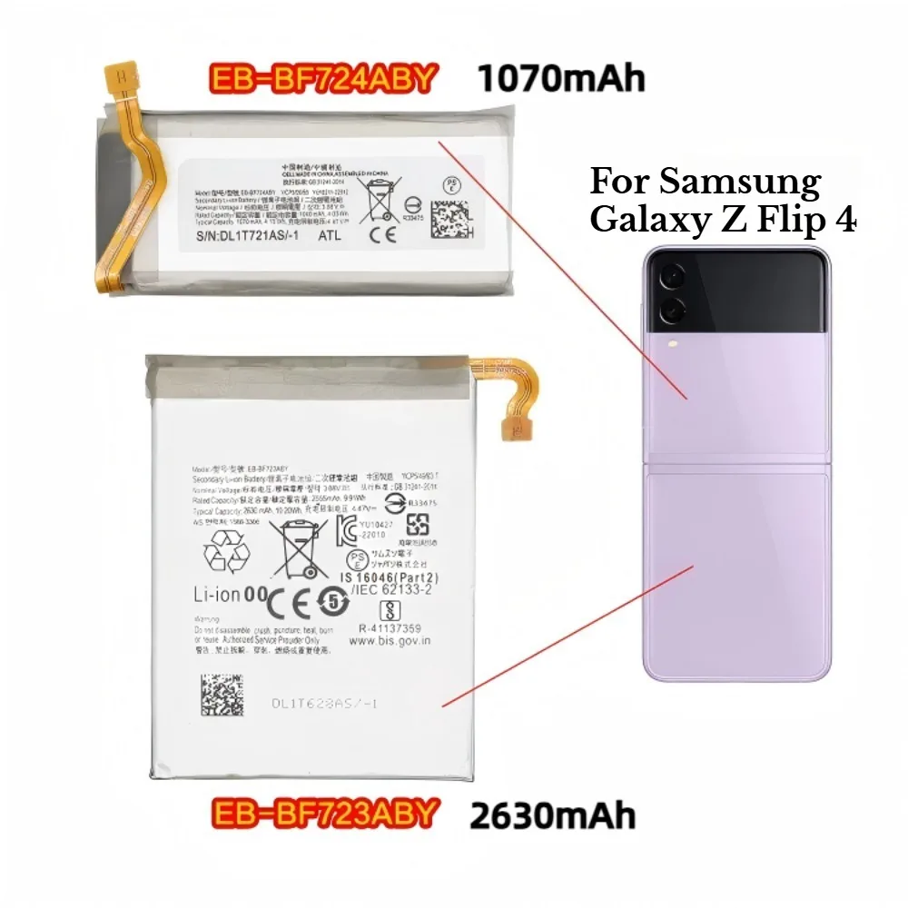 1070mAh/2630mA New EB-BF723ABY EB-BF724ABY Battery For Samsung Galaxy Z Flip 4 5G F723 F724 SM-F7210 Replacement Batteries
1070mAh/2630mA New EB-BF723ABY EB-BF724ABY Battery For Samsung Galaxy Z Flip 4 5G F723 F724 SM-F7210 Replacement Batteries