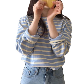여성용 컬러블로킹 스트라이프 긴팔 티셔츠, 라운드넥, 캐주얼 루즈탑, 베이직 티셔츠