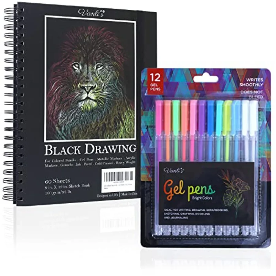 Hardcover Black Paper Sketchbook and 12 Pack Ball Point Gel Pens Set - 2 White and 10 Colorful Pens for Drawing, Sketching, and
Hardcover Black Paper Sketchbook and 12 Pack Ball Point Gel Pens Set - 2 White and 10 Colorful Pens for Drawing, Sketching, and