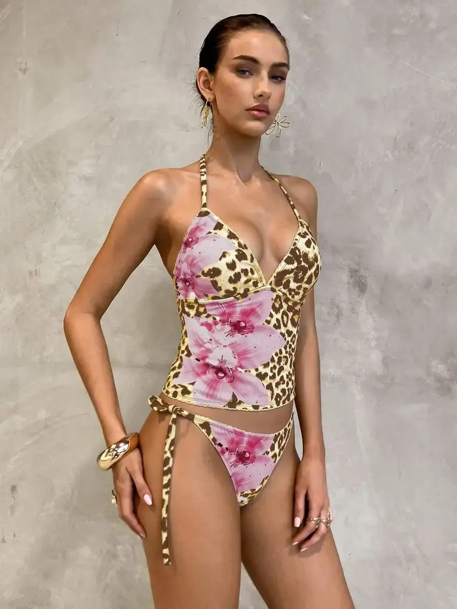 2 Pieces Floral Leopard Print Halter Bikini Set For Beach Vacation Summer Swimwear
2 Pieces Floral Leopard Print Halter Bikini Set For Beach Vacation Summer Swimwear