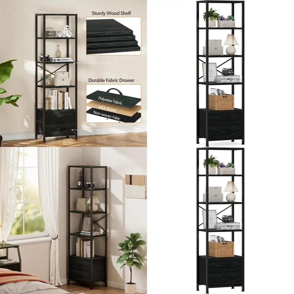 5-Tier Tall Bookshelf with 2 Drawers, 65.16 Metal and Wood Display Unit for Living Room or Bedroom Storage
5-Tier Tall Bookshelf with 2 Drawers, 65.16 Metal and Wood Display Unit for Living Room or Bedroom Storage