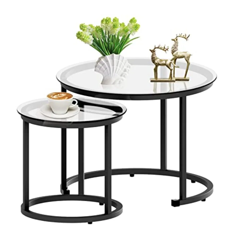 Living room nesting coffee table set of 2: glass top with black metal frame, modern industrial style, compact 23.6D x 23.6W x 1
Living room nesting coffee table set of 2: glass top with black metal frame, modern industrial style, compact 23.6D x 23.6W x 1