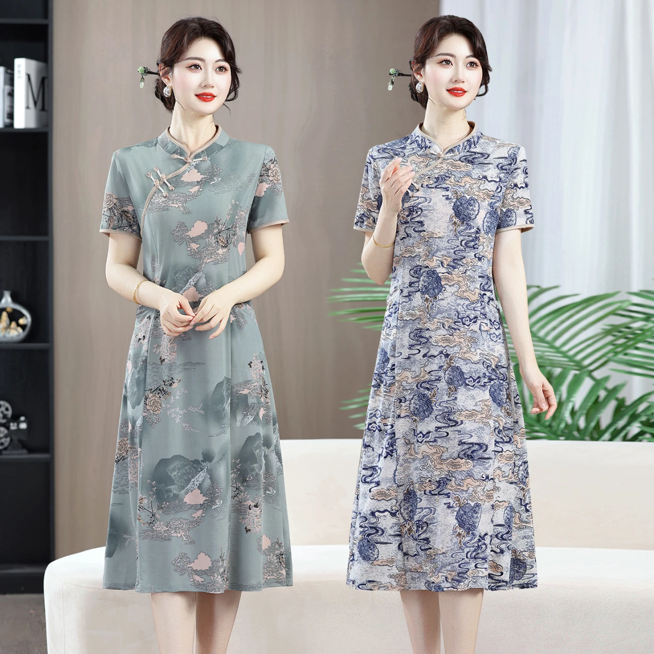 Women's Floral Midi Dress Short Sleeve Mandarin Collar Dress Frog Button Detail Lightweight A-Line Summer Dress Plus Size
Women's Floral Midi Dress Short Sleeve Mandarin Collar Dress Frog Button Detail Lightweight A-Line Summer Dress Plus Size