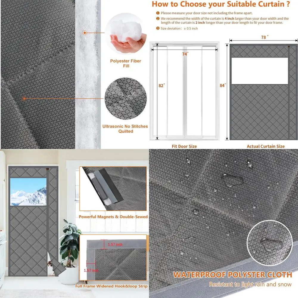 Gray Magnetic Thermal Insulated Door Curtain, 74x82, Waterproof Polyester, Soundproof, Side Opening
Gray Magnetic Thermal Insulated Door Curtain, 74x82, Waterproof Polyester, Soundproof, Side Opening