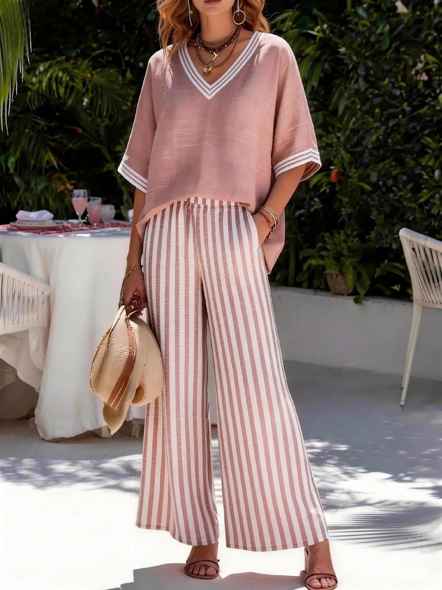 2026 Retro Summer Women's Linen 2 Piece Outfit V Neck Loose Fitting Pullover Short Sleeved and Striped Wide Leg Pants Suit New
2026 Retro Summer Women's Linen 2 Piece Outfit V Neck Loose Fitting Pullover Short Sleeved and Striped Wide Leg Pants Suit New