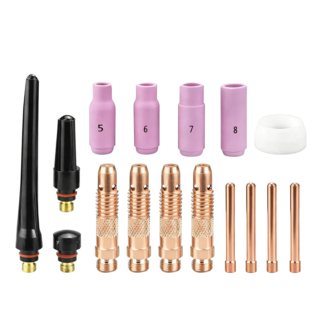 Комплект аксессуаров для TIG-сварки, 16 предметов: сопла, колпачки, цанги, прокладки для серий WP17, WP18, WP26 и совместимых моделей
Комплект аксессуаров для TIG-сварки, 16 предметов: сопла, колпачки, цанги, прокладки для серий WP17, WP18, WP26 и совместимых моделей
