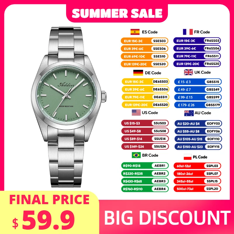 ADDIES Luxury Women's Watch 2035 Japan Quartz 50m Waterproof Stainless Steel Luminous Outdoor Sport Diving Wristwatch For Lady
ADDIES Luxury Women's Watch 2035 Japan Quartz 50m Waterproof Stainless Steel Luminous Outdoor Sport Diving Wristwatch For Lady