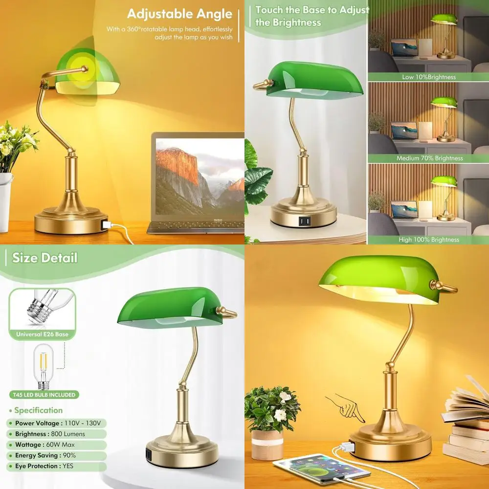 Настольная лампа с 3-режимной регулировкой яркости, зеленым стеклом, 2 USB-портами, сенсорным управлением, латунным основанием и светодиодной лампой в комплекте
Настольная лампа с 3-режимной регулировкой яркости, зеленым стеклом, 2 USB-портами, сенсорным управлением, латунным основанием и светодиодной лампой в комплекте
