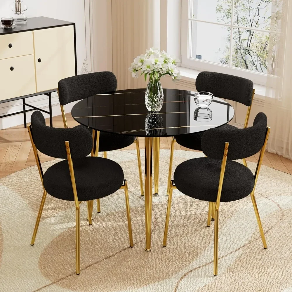 5 Piece Dining Table Set, 40" Round Faux Marble Dining Table, 4 Boucle Dining Chairs, Black with Gold Metal Legs
5 Piece Dining Table Set, 40" Round Faux Marble Dining Table, 4 Boucle Dining Chairs, Black with Gold Metal Legs