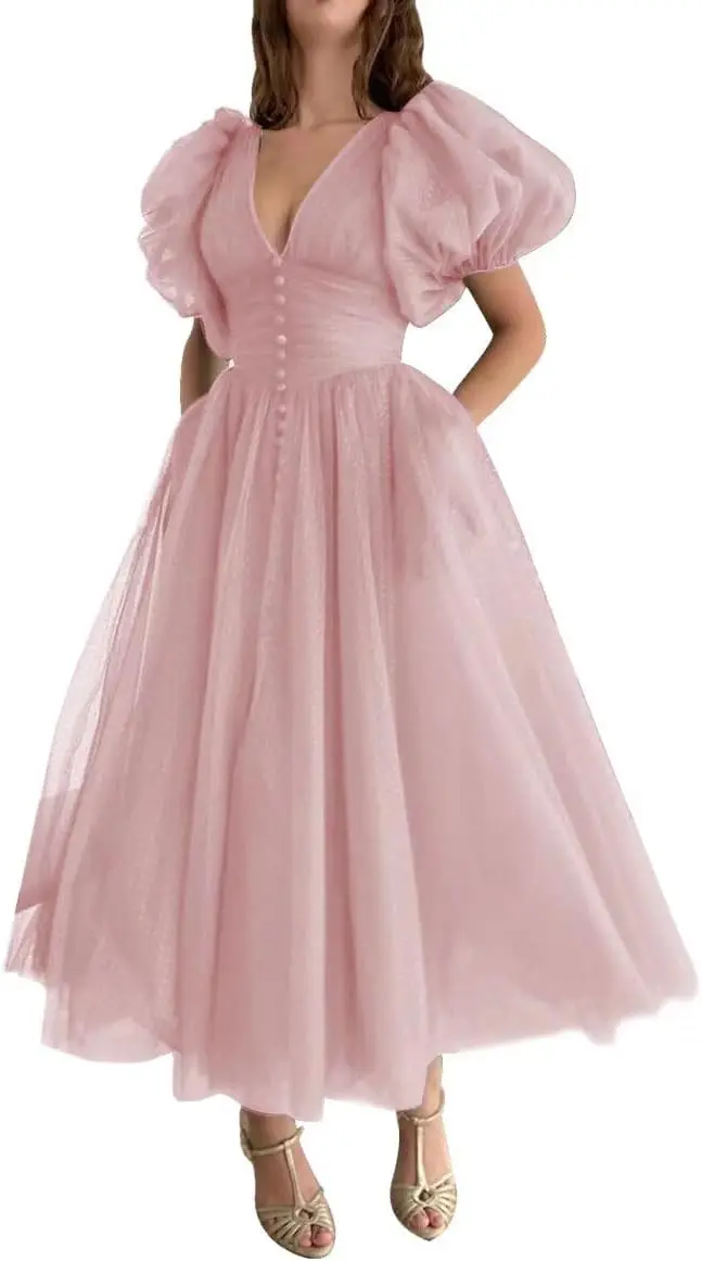 Puffy Sleeve Prom Dresses for Women Dotted Tulle V Neck Formal Evening Party Gowns Tea Length Bridesmaid Dresses
Puffy Sleeve Prom Dresses for Women Dotted Tulle V Neck Formal Evening Party Gowns Tea Length Bridesmaid Dresses