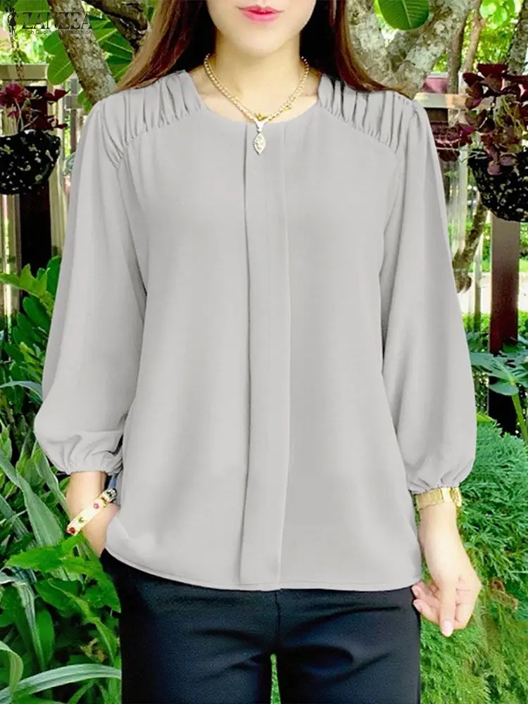 ZANZEA, повседневные женские плиссированные дизайнерские блузки, весна-осень 2022, однотонные топы с длинными пышными рукавами и круглым вырезом, повседневная одежда, женская одежда 
ZANZEA, повседневные женские плиссированные дизайнерские блузки, весна-осень 2022, однотонные топы с длинными пышными рукавами и круглым вырезом, повседневная одежда, женская одежда