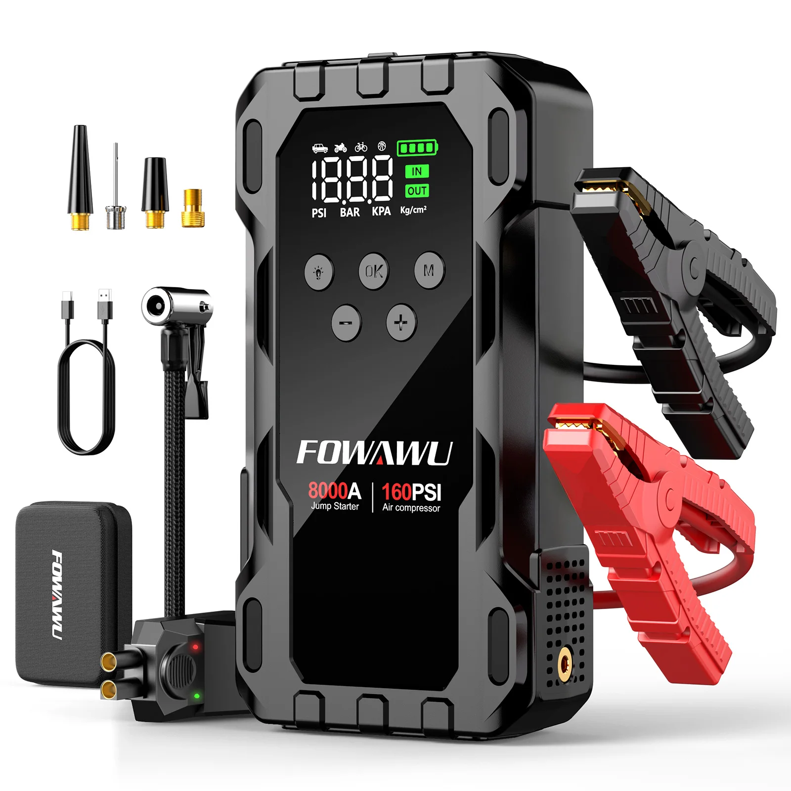 FOWAWU 8000A Jump Starter with Air Compressor, Car Battery Jumper Starter Power Bank,Cordless Auto-Shutoff Tire Inflator 160PSI
FOWAWU 8000A Jump Starter with Air Compressor, Car Battery Jumper Starter Power Bank,Cordless Auto-Shutoff Tire Inflator 160PSI