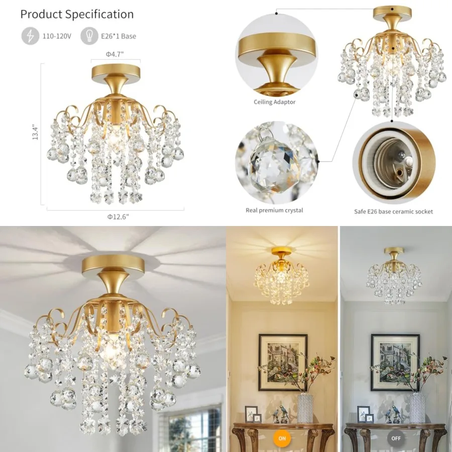 Crystal Chandelier Flushmount Modern ing Fixture for Bedroom Hallway Bar Kitchen Bathroom, H 13.4" x W 12.6", E26 Base
Crystal Chandelier Flushmount Modern ing Fixture for Bedroom Hallway Bar Kitchen Bathroom, H 13.4" x W 12.6", E26 Base