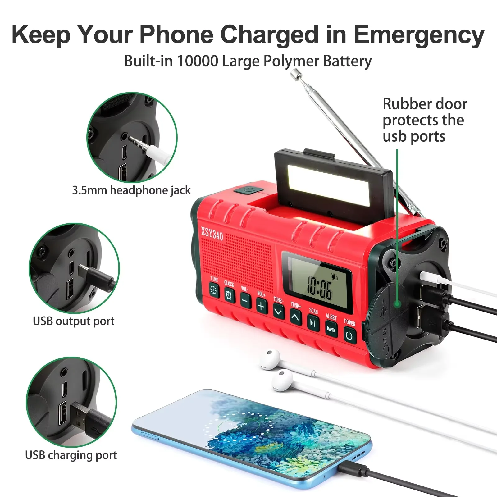 Upgrade 10000mAh Emergency Weather Radio Solar Hand Crank AM/FM Portable Radio 3.5MM Headphone Jack Flashlight Reading Light SOS
Upgrade 10000mAh Emergency Weather Radio Solar Hand Crank AM/FM Portable Radio 3.5MM Headphone Jack Flashlight Reading Light SOS