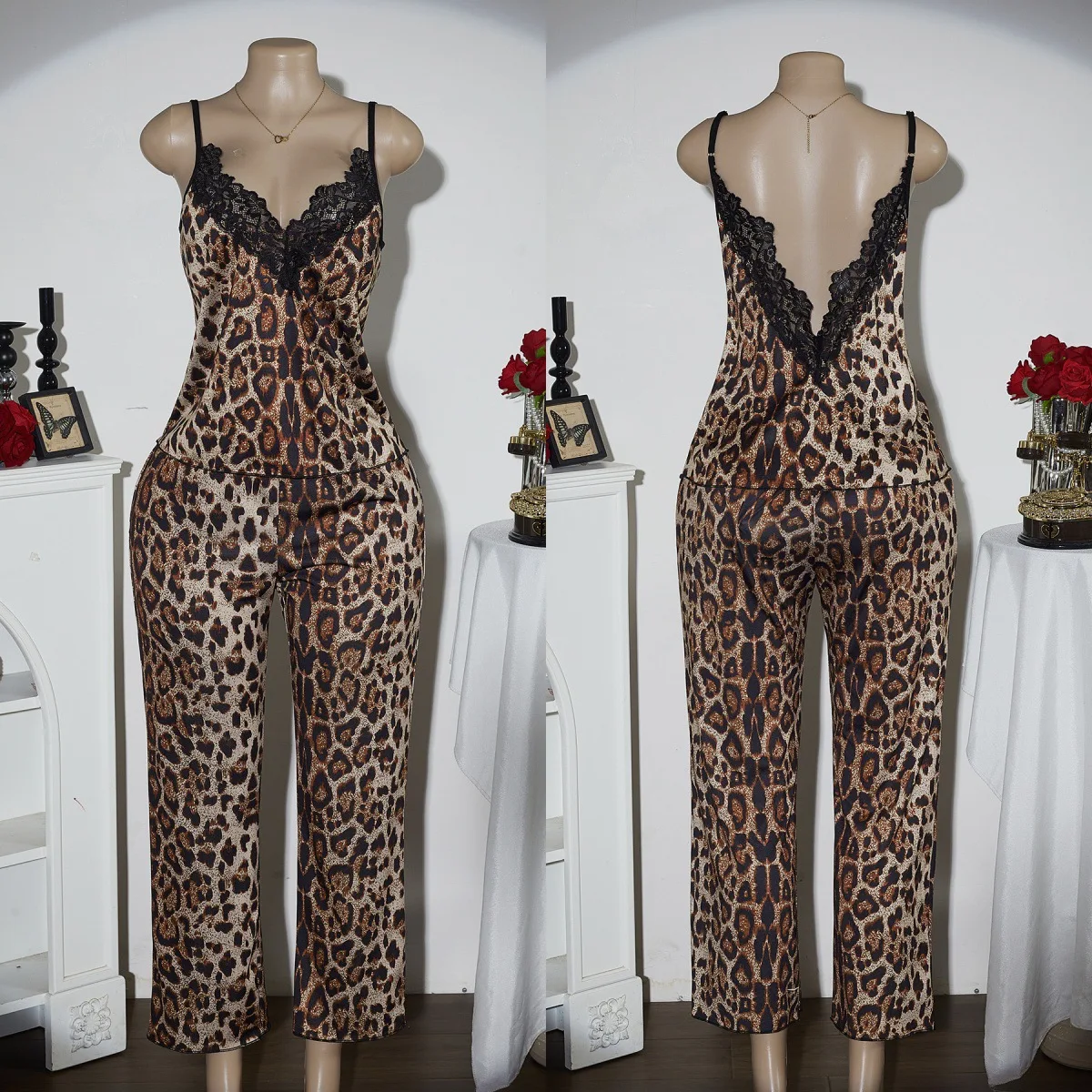 Thin Milk Silk Lace Strap Sleepwear Set Slim Fit Leopard Print Home Clothes Women's Underwear Nightgown Spring Season
Thin Milk Silk Lace Strap Sleepwear Set Slim Fit Leopard Print Home Clothes Women's Underwear Nightgown Spring Season