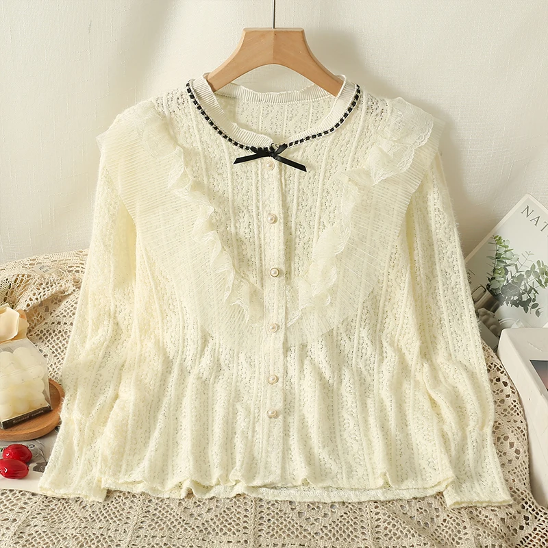 2023 Spring Autumn Women Long Sleeve Ruffles Shirt Sweet Bow Sanding Lace Blouse Ladies Long Sleeve Bottom Blouses Short Tops
2023 Spring Autumn Women Long Sleeve Ruffles Shirt Sweet Bow Sanding Lace Blouse Ladies Long Sleeve Bottom Blouses Short Tops